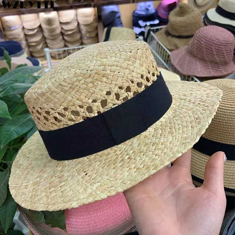 

2019 New Summer Sun Hat for Women Men Elegant Handmade Raffia Panama Hat Hollow Ribbon Straw Beach Boater Hats Skimmer Derby Cap