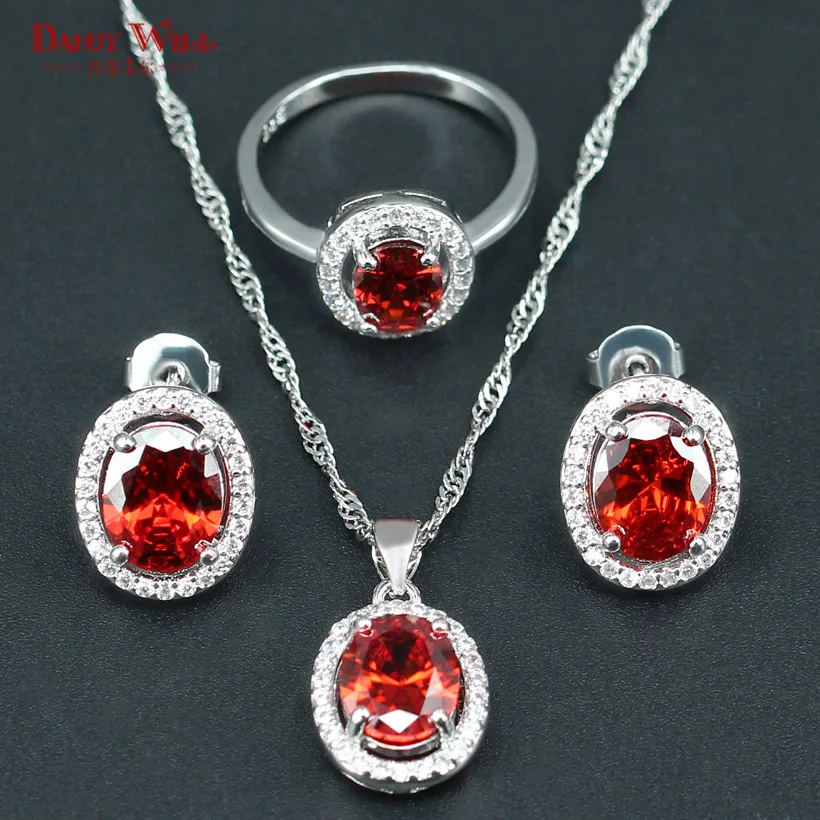 Bright Red Wedding jewelry sets for brides Red oval zircon Fashion Style Gift 925 Silver color
