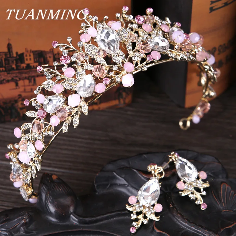 

3 Pcs/Set Pink Crystal Tiara Bride Princess Crown Wedding Hair Accessories Handmade Rhinestone Bride Crown Jewelry For Hair