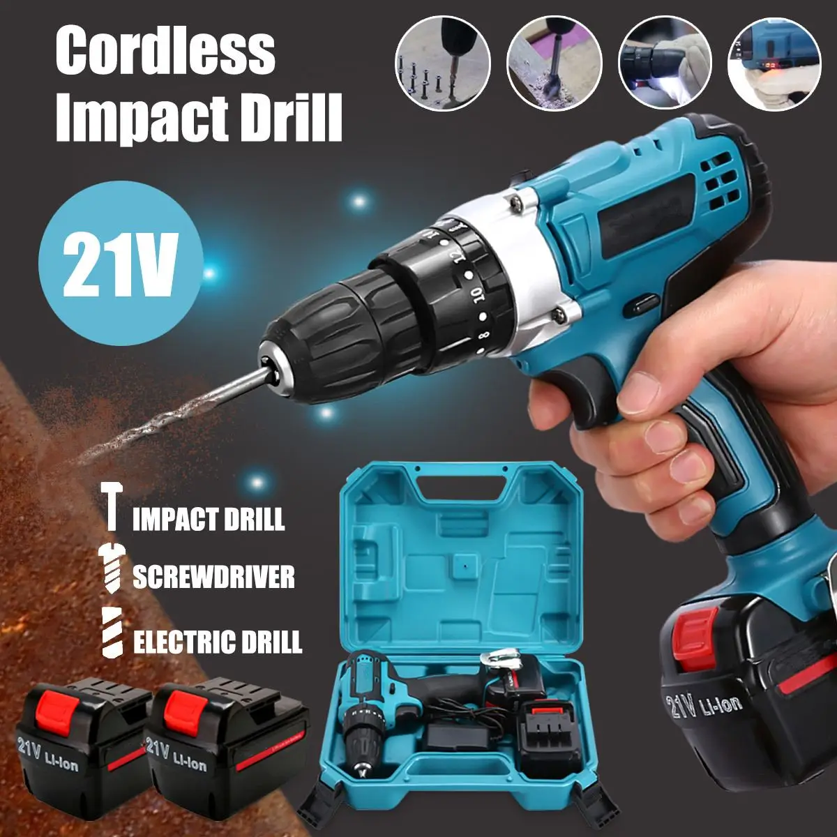 

21V Cordless Impact Electric Drill Hammer Rechargeable Tool w/ 2 Lithium