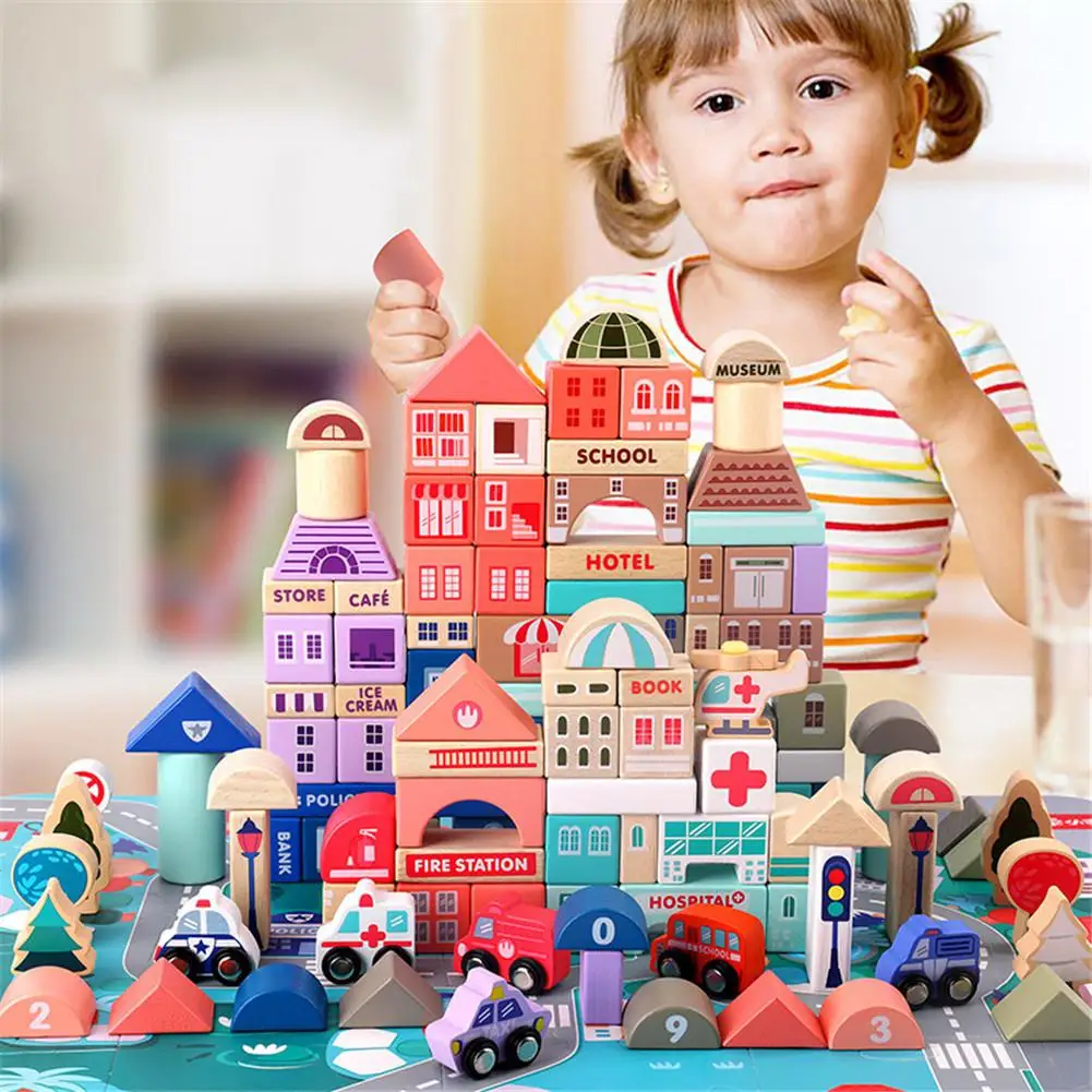 

HobbyLane 115pcs/set Children Toy Macaron Wooden Blocks Educational Toys Colorful Wood Building Cars Stacking Blocks