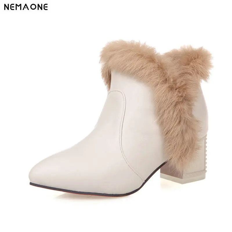 

NEMAONE Women's Ankle Boots 6cm High Heel Ladies Winter warm snow boots sexy fur Woman boots white red Black Plus Size 43