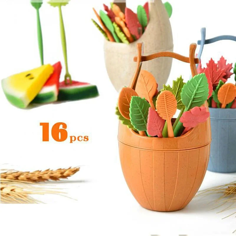

16 Pcs/set Leaves Fruit Label with Barrel Holder Cake Dessert Food Fruit Pick Useful for Wedding Party Home Decor Kitchen