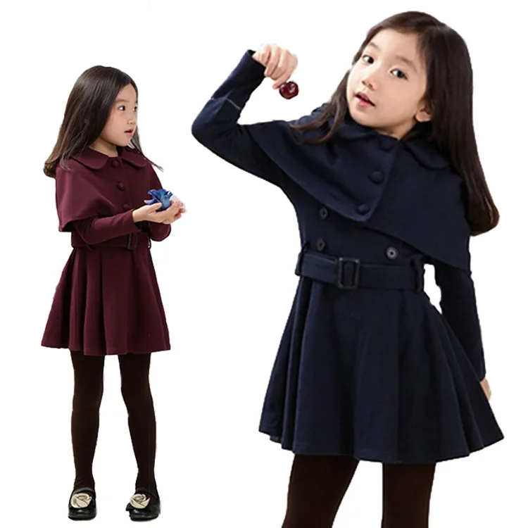 

Baby girl shawl dress cotton long-sleeved double-breasted dress 2017 autumn and winter new children's girl woolen princess dress
