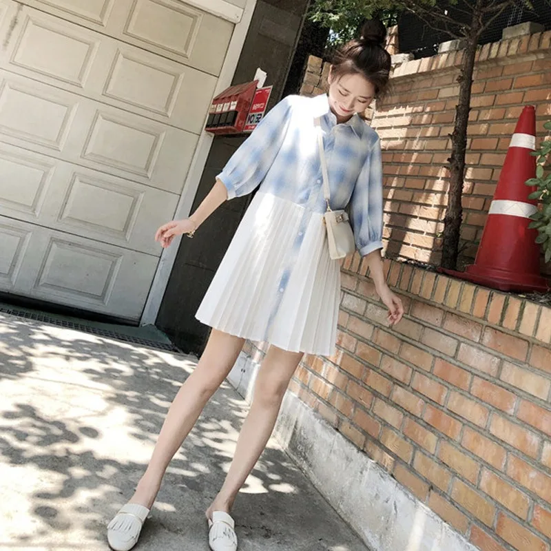 

Pregnant women dress summer 2019 new small fresh plaid shirt pleated skirt maternity dress summer skirt spring