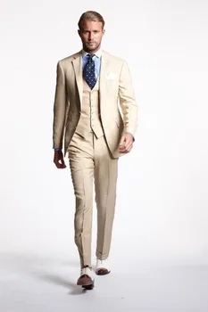 

Custom Made Ticket Pocket Groom Tuxedos Notch Lapel Men's Suit Champagne Groomsman Wedding/Prom Suits(Jacket+Pants+Vest)