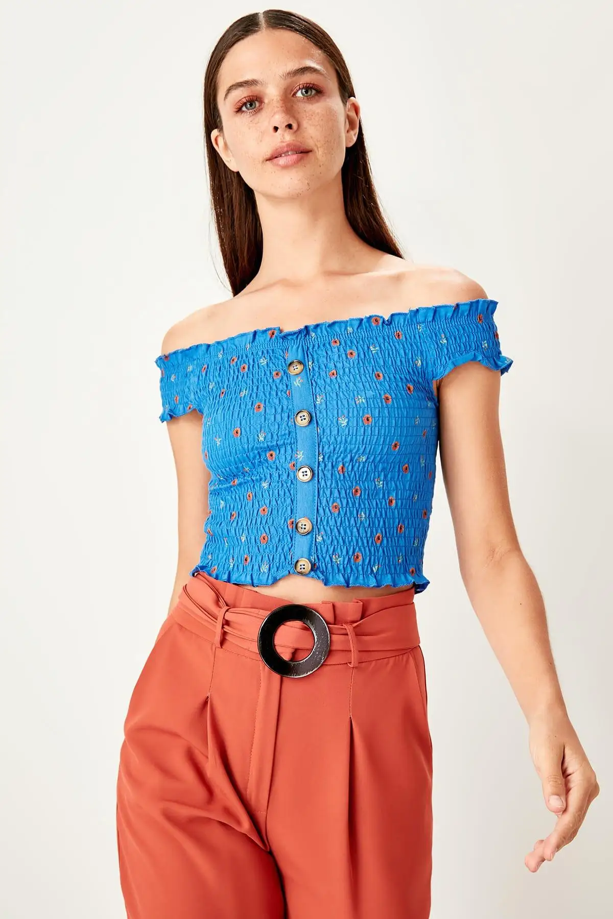 Trendyol Saks Кармен воротник узор трикотажная блузка TWOSS19BZ0229|Блузки| |