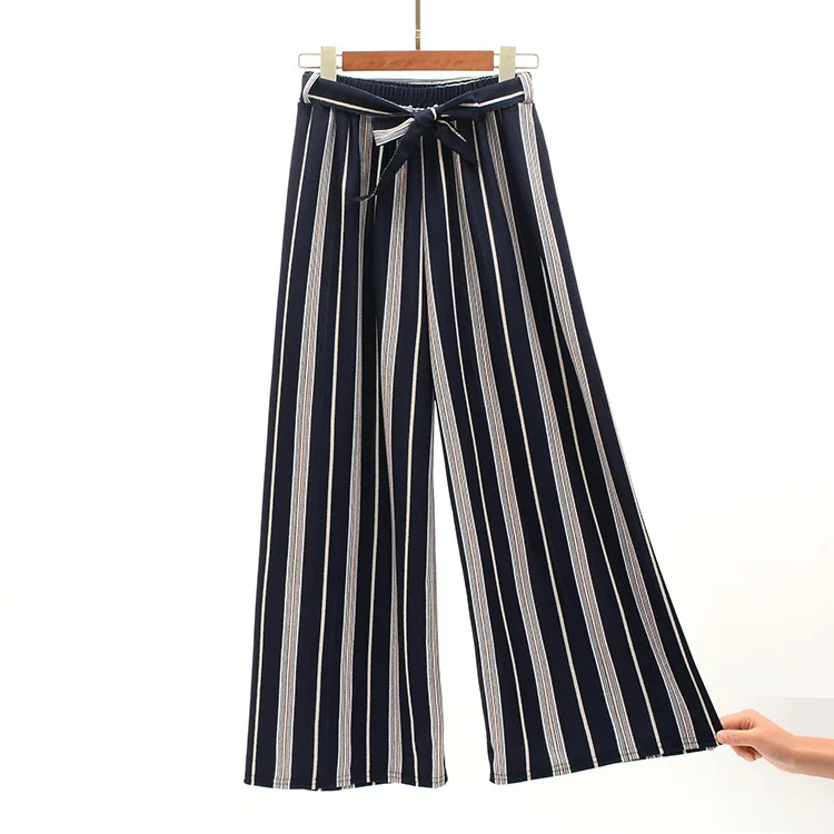 Woherb, летние корейские штаны для женщин, в полоску, с высокой талией, широкие брюки, повседневные, с эластичной талией, длиной до лодыжки, штаны с поясом 21066 - Цвет: 27 blue