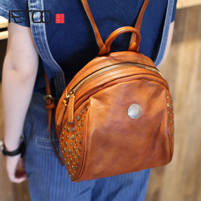 

BJYL Mori College Wind Leather Shoulder Bag Tide Hundred Retro Arts and Art Rivet Handmade First Layer Leather Backpack