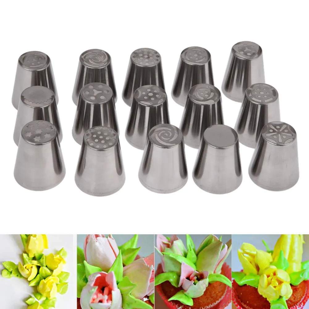 15pcs /Set Russian Icing Piping Nozzl Cake Decorating Stainless Steel Sugarcraft Pastry Tool Cake Toppers Free Shipping