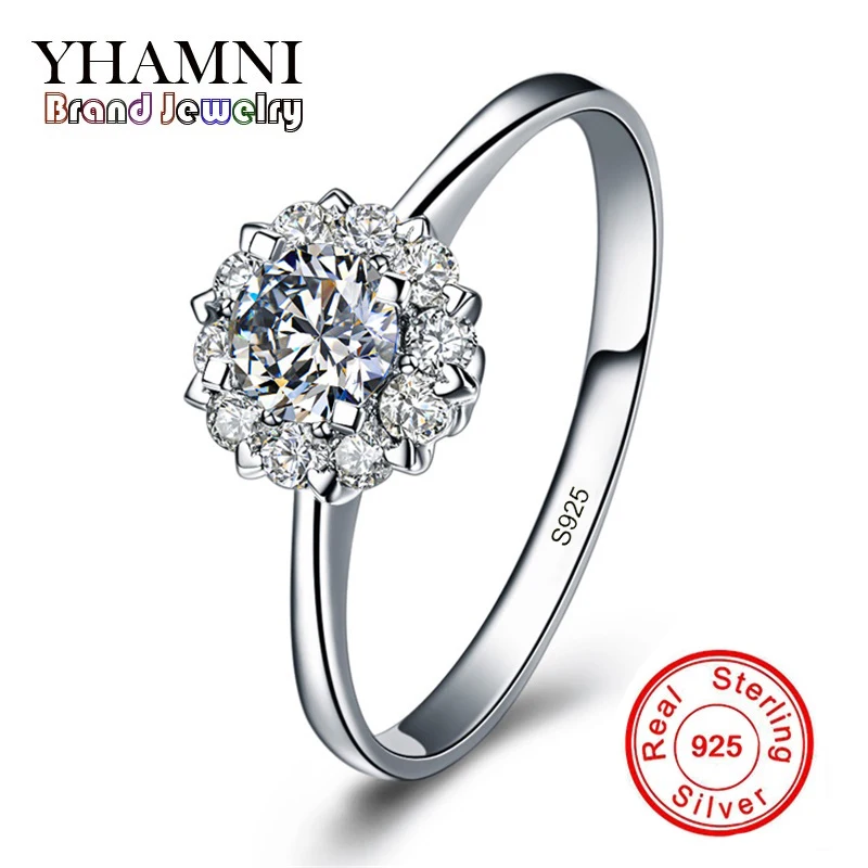 

YHAMNI Original Luxury Real Solid 925 Sterling Silver Ring Flower Full CZ Zircon Wedding Jewelry Rings Engagement For Women ATR2