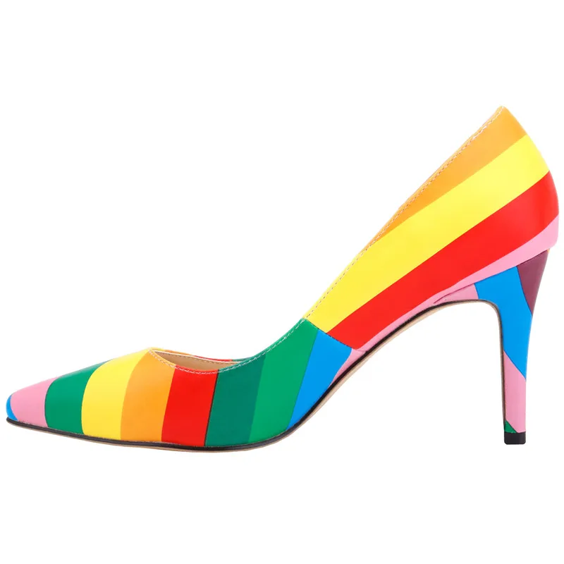 

LOSLANDIFEN Newest Rainbow Pumps 8CM High Heels Mixed Color Bridal Shoes Pointed Toe Slip-on Pumps Plus Size 35-42