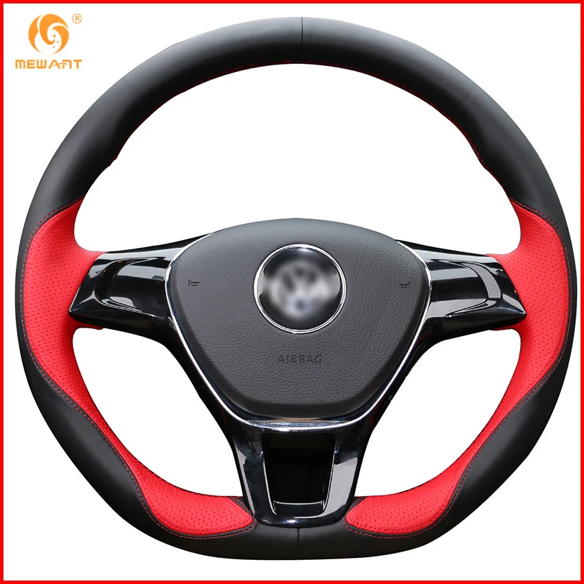 MEWANT Black Red Leather Car Steering Wheel Cover for Volkswagen VW