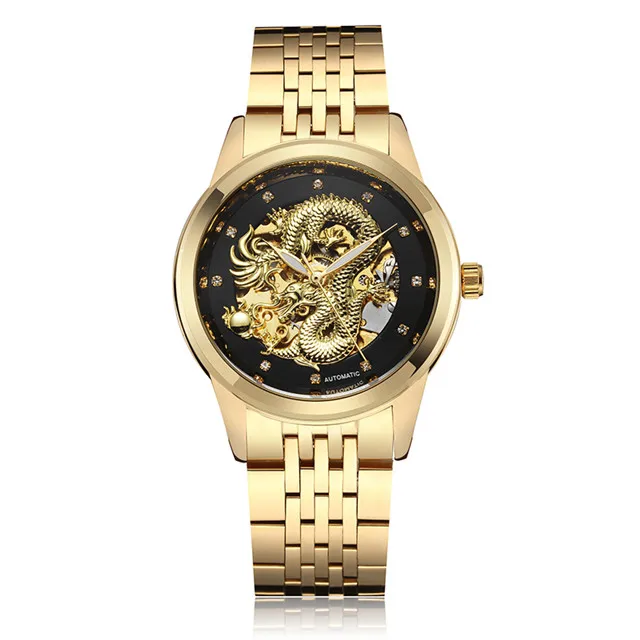 Роскошные светящиеся часы с изображением дракона, автоматические механические часы для мужчин, наручные часы, стальные золотые черные часы, водонепроницаемые мужские часы - Цвет: S053