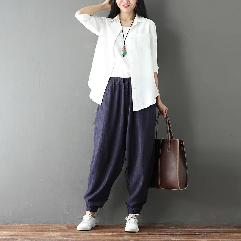 

2018 High Elastic Waist Pockets Cotton Linen Loose Solid Long Lantern Pants Casual Autumn 3 Colors Retro Trousers Plus Size Hot