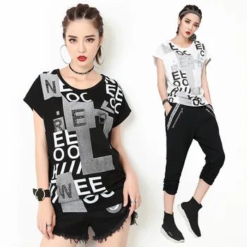 

Hot Summer High Street Fashion Personality Hole Letter Printing Triangle T Shirt Tops Female Plus Size Casual Loose Shirt Tees