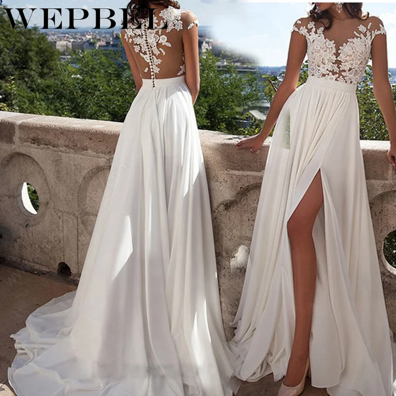 

WEPBEL Women Elegant Dress V-neck White Wedding Lace Floor Length Dresses
