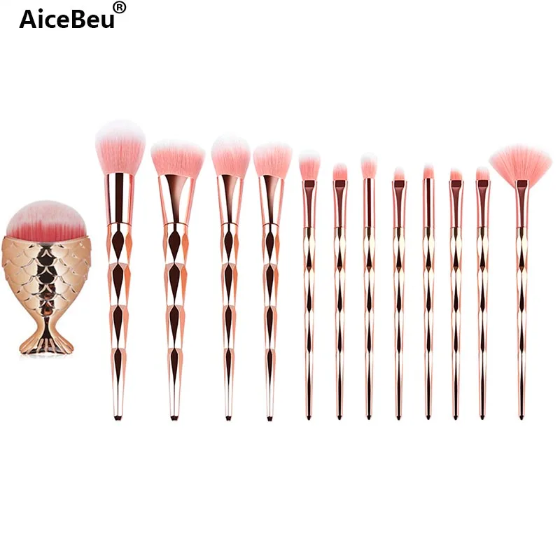 

AiceBeu 13Pcs Diamond Rose Gold Makeup Brushes Set Mermaid Fishtail Shaped Foundation Powder Cosmetics Brush Eyeshadow Kit