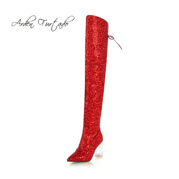 

Arden Furtado 2019 autumn winter chunky heels boots pointed toe red gold silver sequnied over the knee high boots large size 43