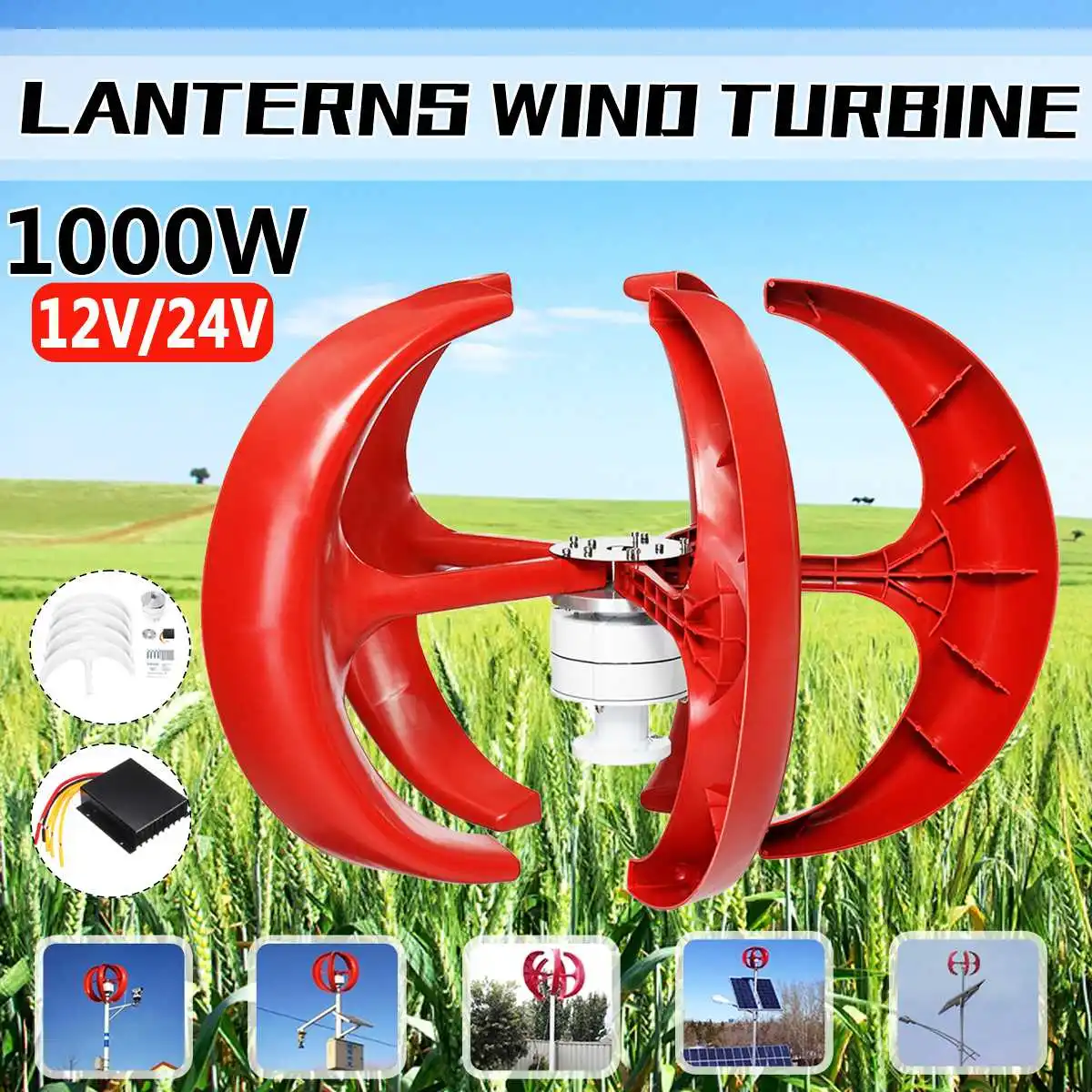 

1000W Vertical Axis Wind Turbines Generator Lantern 5 Blades 12V 24V Motor Kit Electromagnetic For Home Hybrid Streetlight Use