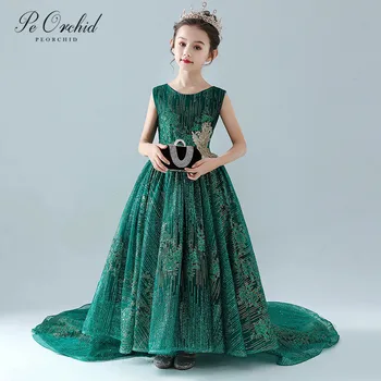 

PEORCHID Sequined Green Flower Girl Dresses For Weddings Party Princess Ball Gown With Train Girl Pageant Birthday Dress 2019