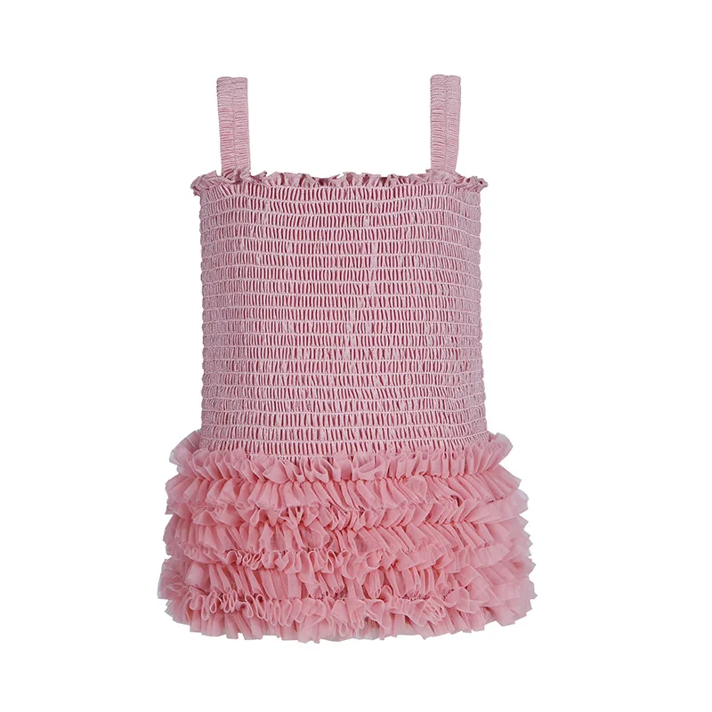 

3-8Ys Girls Mesh Tutu Bubble Vest Princess Tights Halter Top Fashion Children Kids Pleated Lace Halter Clothes Gray Pink