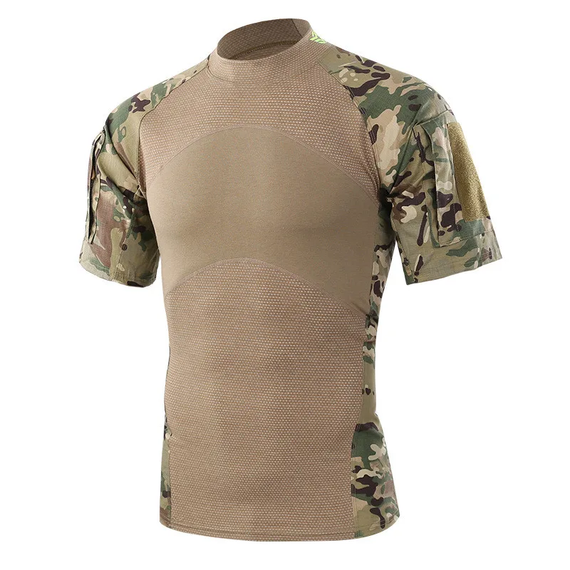 Мужские тактические футболки для рыбалки, камуфляжные футболки с коротким рукавом для охоты, кемпинга, пейнтбола - Цвет: Хаки