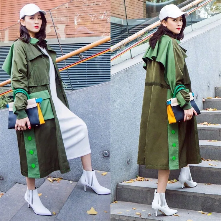 

New Spring 2019 Chen Jon Star's Olive Green Knee-Crossing Windswear with Long Loose Fashion Outerwear Clothes Long Coat Women