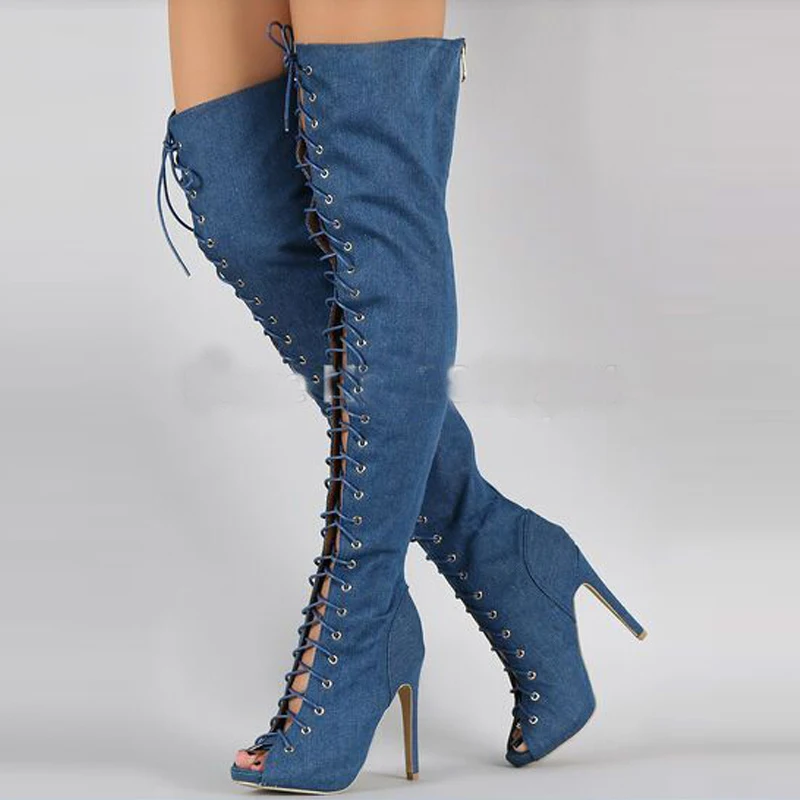 Denim Women Boots Pointed Toe Over The Knee Boots Cut-outs Long Sexy Boots Blue Jeans Stiletto Thigh High Boots Shoes Women