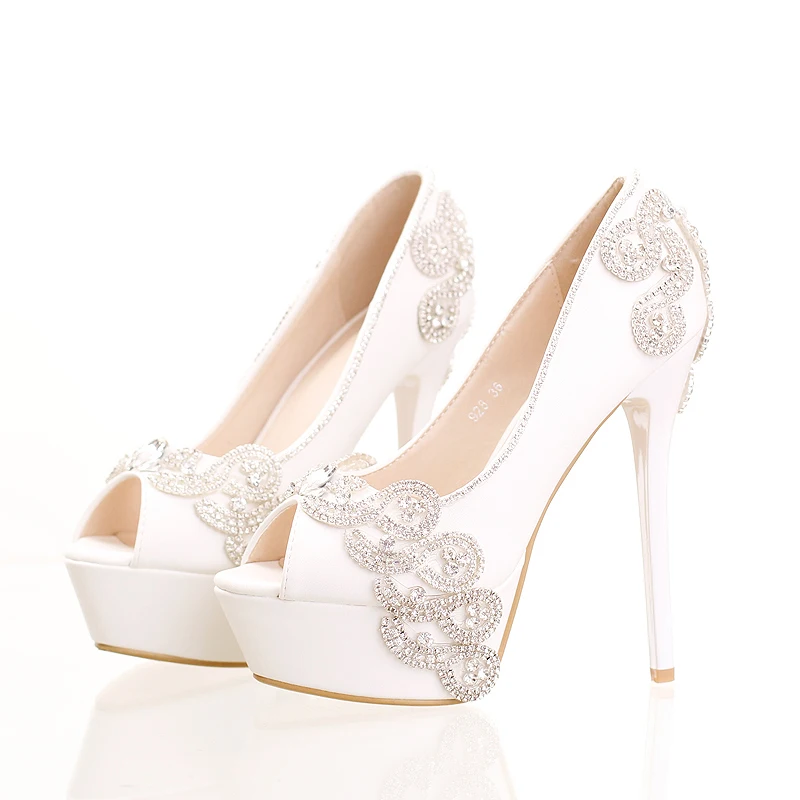 

2016 Summer Rhinestones Platform Ultra High Heels Wedding Shoes Woman Peep Toe Crystal Bridal Dress Shoes Party Prom Pumps