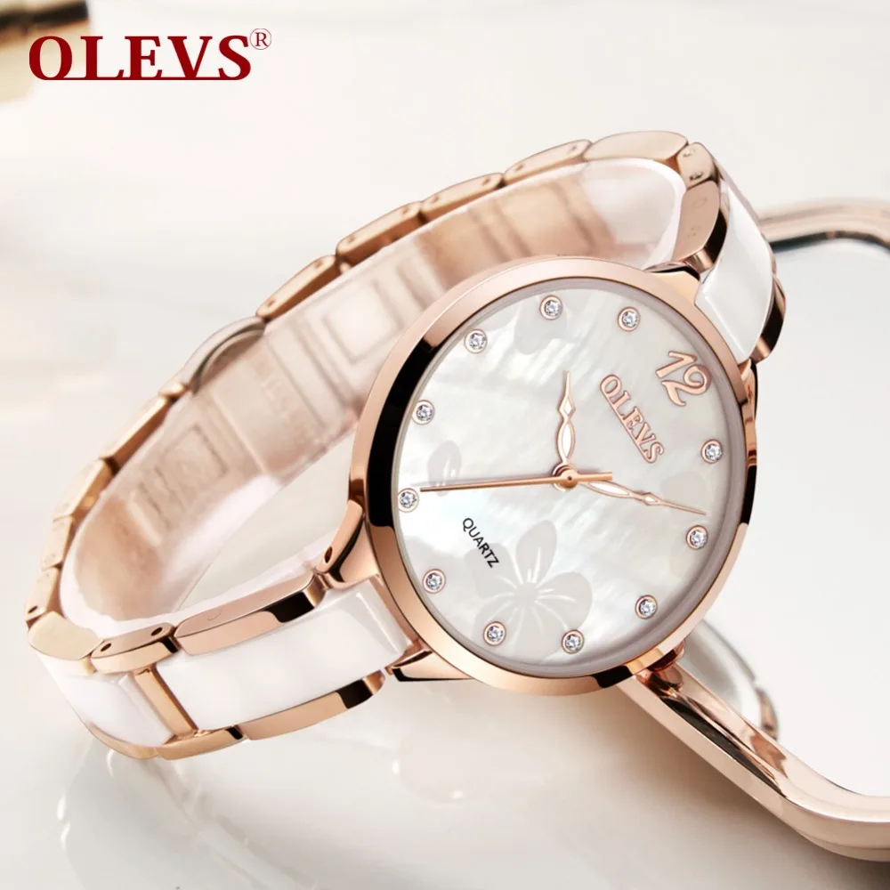 

OLEVS Brand Women Clock Ceramic Watches Diamond Ladies Bracelet stainless steel Watches Rose Gold Rhinestone Quartz Watch2018
