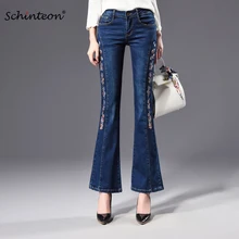 Schinteon плюс размер женские винтажные женские джинсы вышивка цветок Высокая талия обтягивающие Femme Джинсы Брюки 38 40