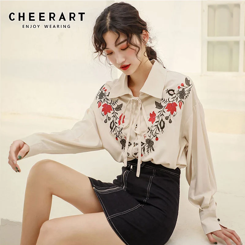 

Cheerart Vintage Embroidery Shirt Women Floral Long Sleeve Blouse Ladies Tops Tie Neck Blouse Clothing