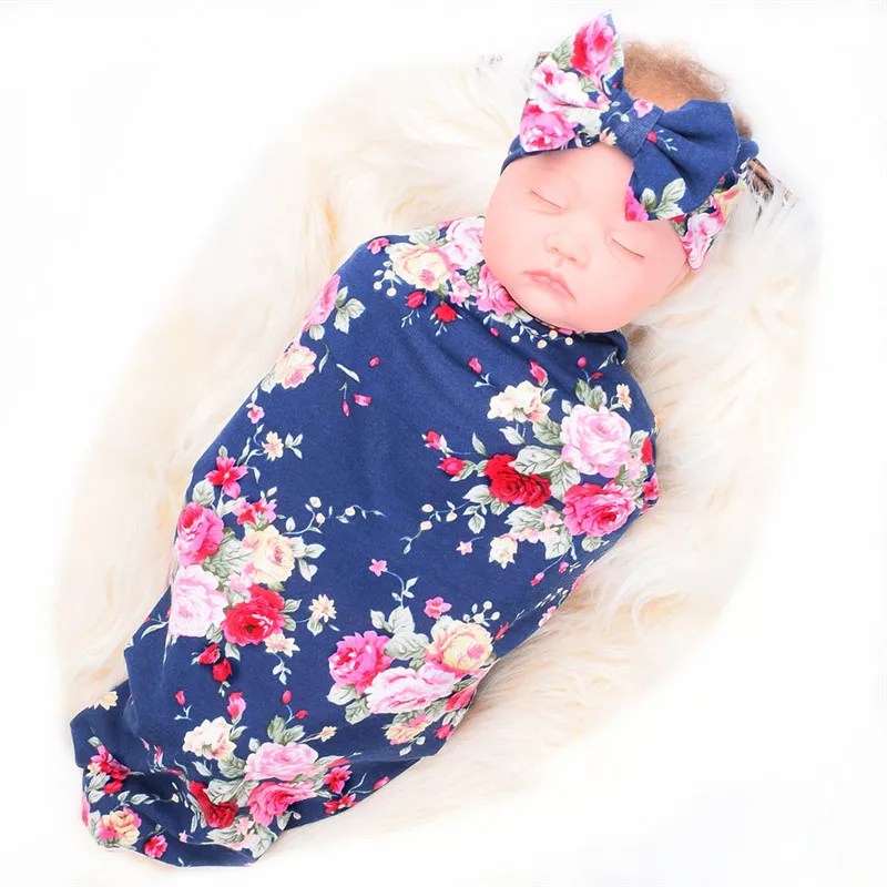 

New Floral Printing Muslin Newborn Swaddle Blankets+Hats Set Milk Silk Softest Elastic Baby Swaddle Blanket Stroller Wrap