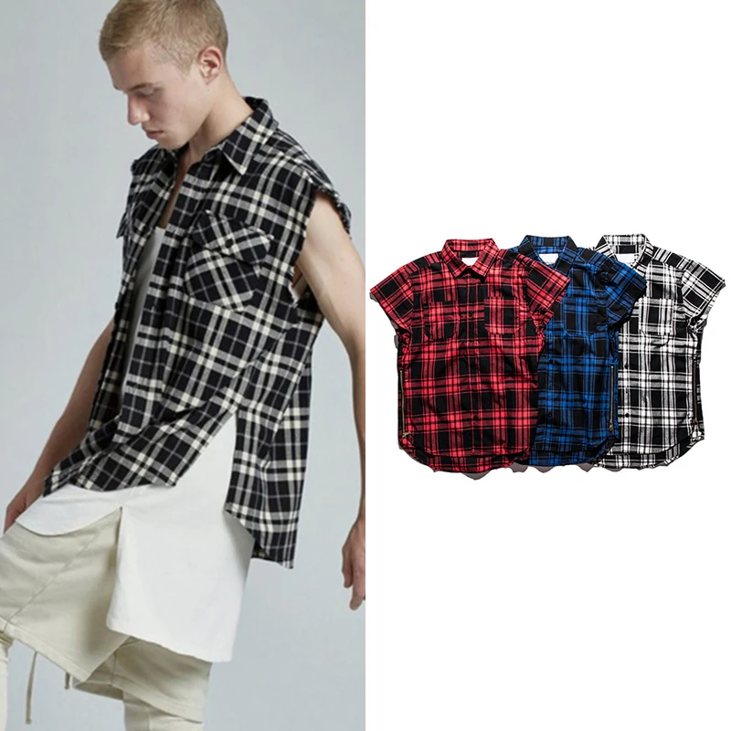 

Streetwear Justin Bieber Plaid Sleeveless Shirts Oversized Waist Zipper Checkered Shirt Mens Tide Multi-color Loose Waistcoat