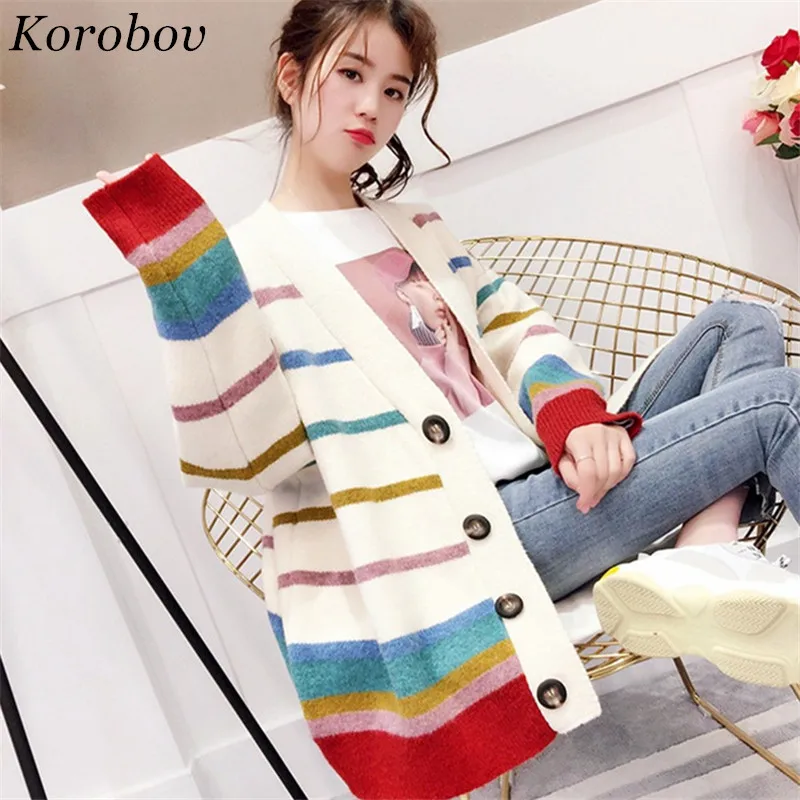 

2019 Autumn Winter New Rainbow Sweater Women Patchwork V-Neck Harakuju Cardigans Long Sleeves Loose Casual Open Stitch 75726