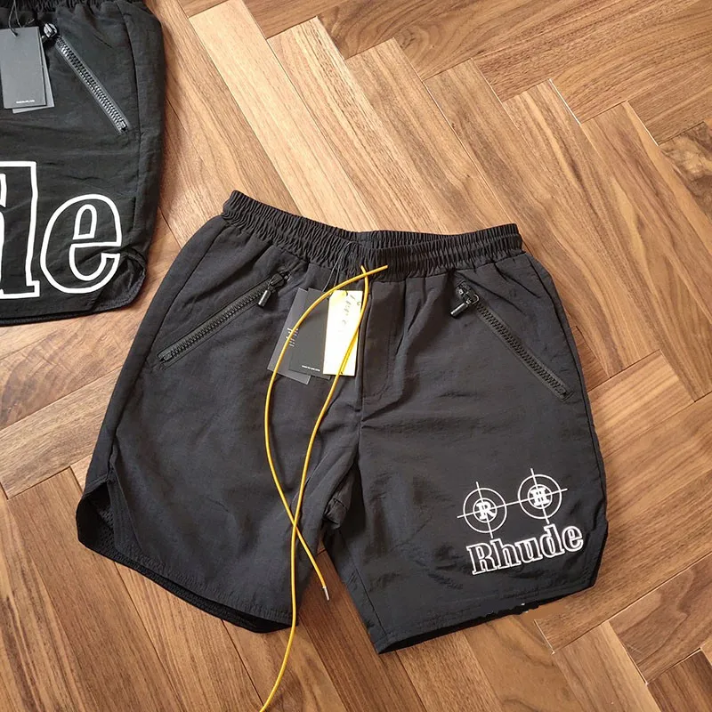 

2019 RHUDE Neon Target Shorts Summer Loose NYLON Men Hip Hop Wade RHUDE Shorts Drawstring zipper Green White Print Mesh Trousers