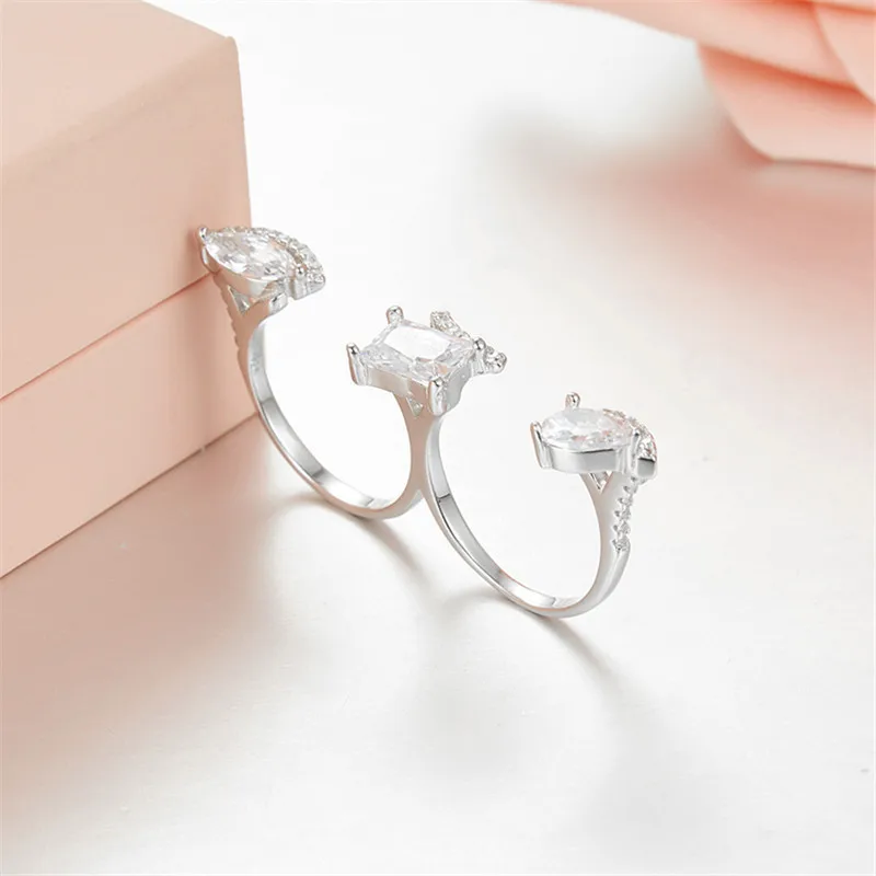 

Pure 925 Sterling silver Double Finger Opening Rings For Women Pave Setting Zircons Adjustable Open Cuff Two Finger Ring 2018