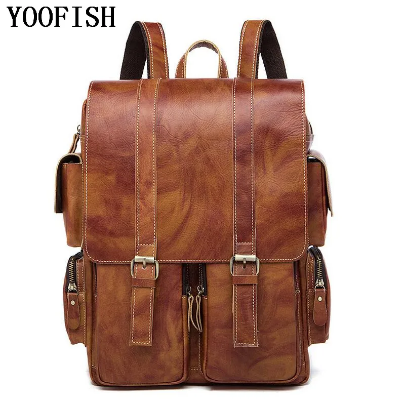 

YOOFISH Luxury Genuine Leather Male Backpacks Vintage Style Simple Designer Man School Bag Fashion Student backpack Travel bag
