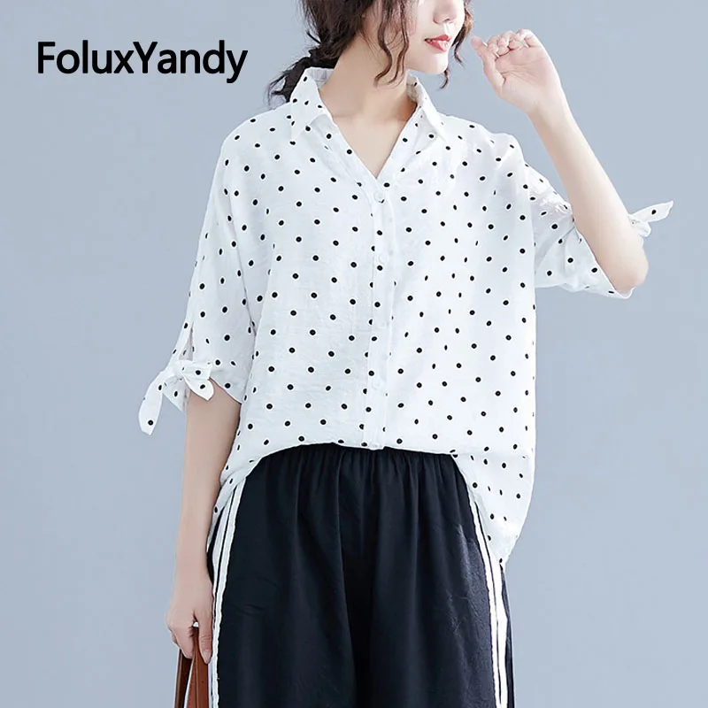 

Oversize Blouses Women Polka Dot Half Sleeve Loose Plus Size White Summer Blouse Shirt NQYL101