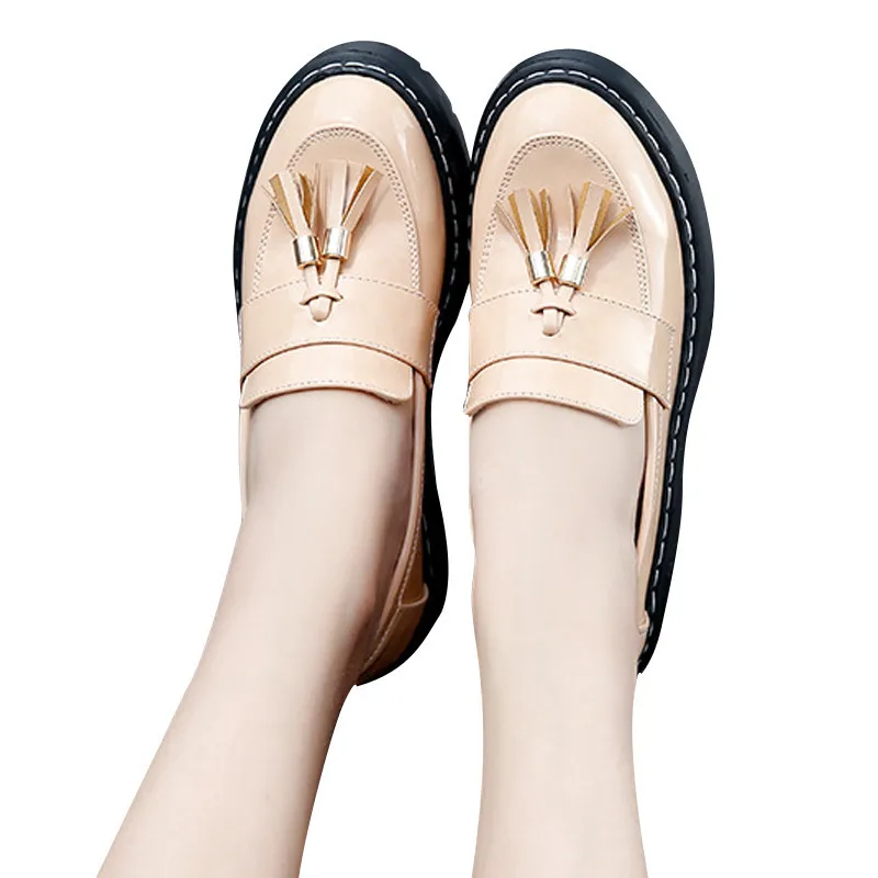 Г., новая весенняя обувь для вечеринок женские оксфорды на плоской подошве без шнуровки, модная обувь на платформе с бахромой в британском стиле, XWD6324 - Цвет: beige