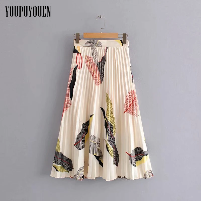 

2019 Summer Print Women's Pleated Skirt Boho High Waist Midi A Line Skirts Korean Style Women Clothing Woman Bohemian Clothes