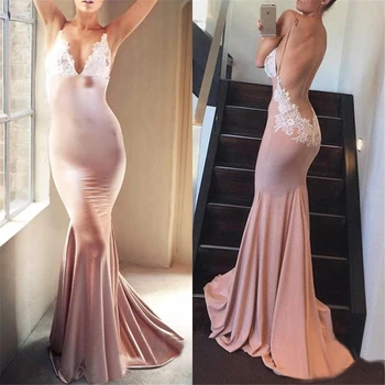 

Sexy Backless Mermaid Evening Dress Spaghetti Strap Lace Elastic Satin Long Prom Gowns 2019 Custom Made Women Party Dresses