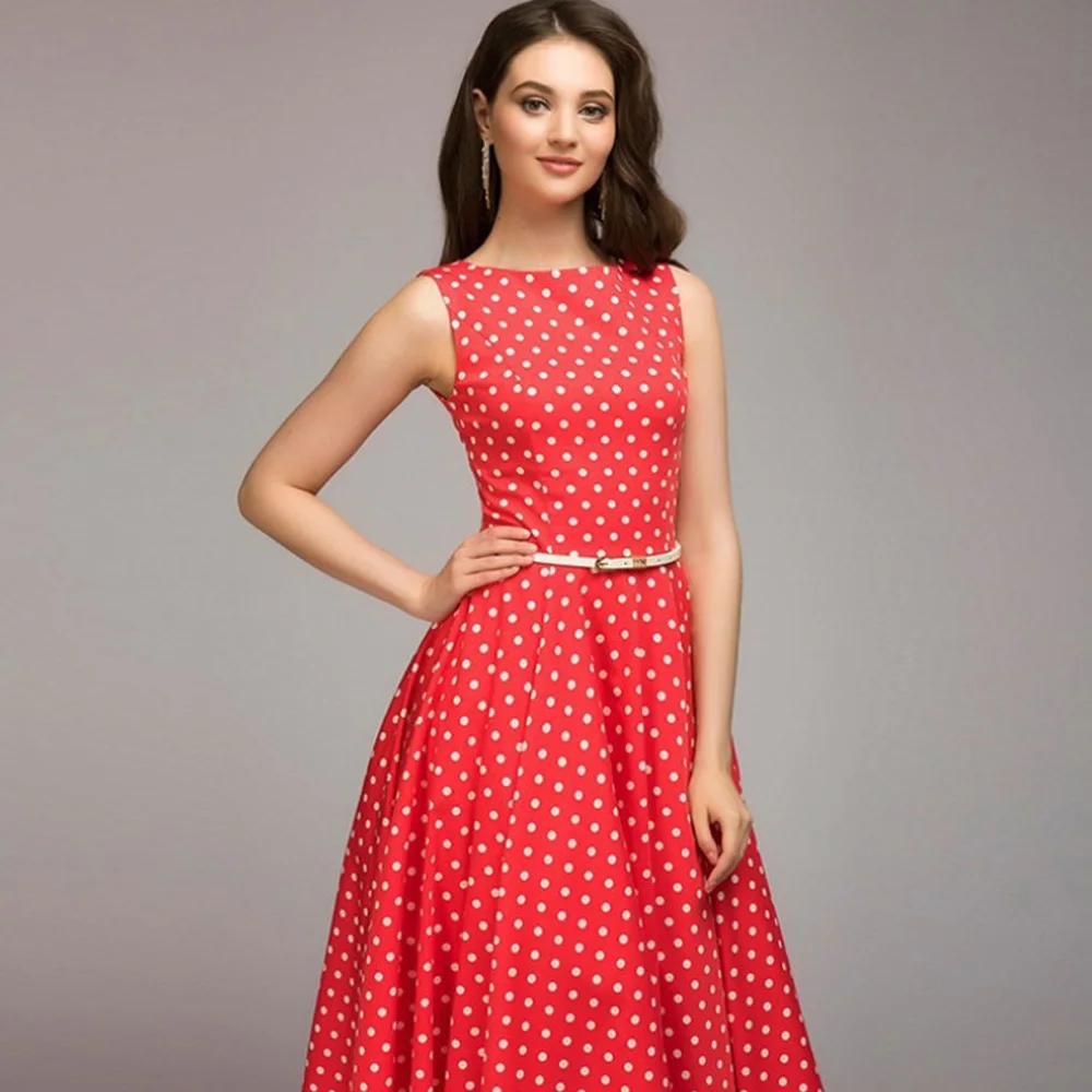 

Red White Polka Dot Dress 2019 Summer Sleeveless Tank Tunic Big Swing Pinup Dress Vintage Party Office Mini Dress Women Clothes