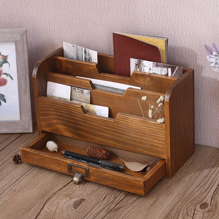 

Creative Old Wooden Desk Home Office Storage Box Desktop Filing Document Sundries Storage Box
