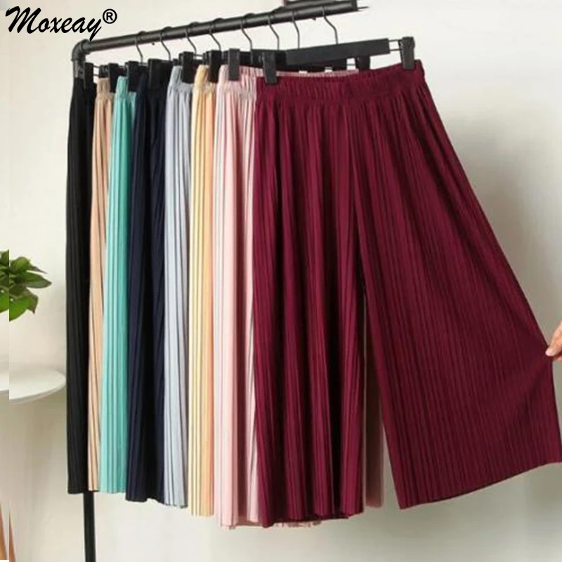 

Moxeay 2019 Summer Pants Women Chiffon Wide Leg Pant Casual Ankle-length Pleated Chiffon Elastic High Waist Wide Leg Trousers