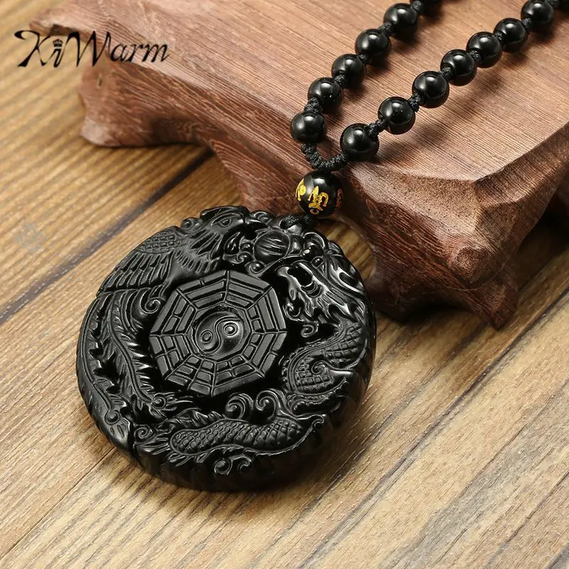 

KiWarm Natural Obsidian Stone Carved Chinese Dragon Birds BaGua Lucky Pendant With Free Necklace Gemstone Fengshui Crafts Gift