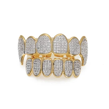 

Teeth Grills Top Bottom Tooth Caps Grill Set Hip Hop Bling Jewelry Iced Out Micro-Inlaid Zircon Two-Color CZ Crystal Teeth