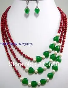 

Free shipping@@Fashion jewelry 3 Strands Red Coral & Green Jade Necklace Earring
