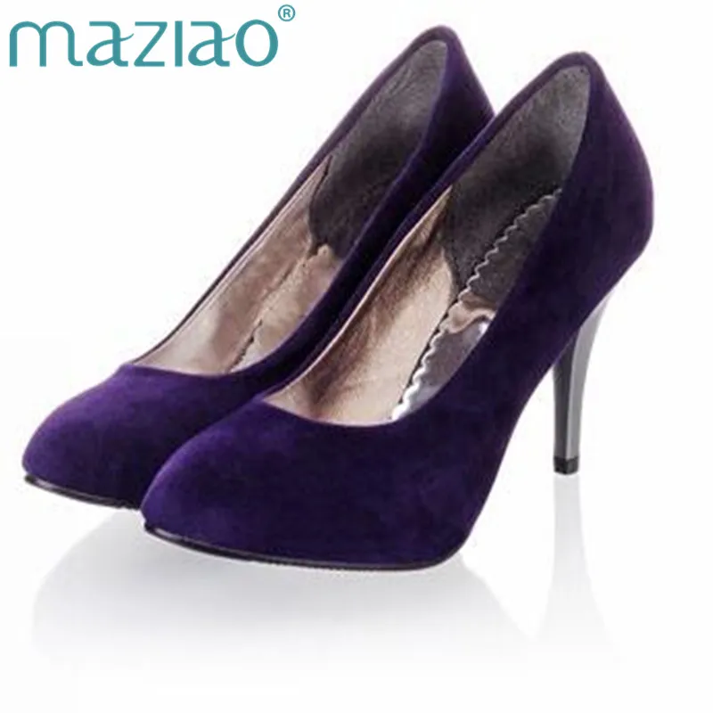 

MAZIAO Plus size 34-45 Spring summer Women shoes Pointed toe Spool heels Flock sandals Pumps Fashion Sexy Party Purple